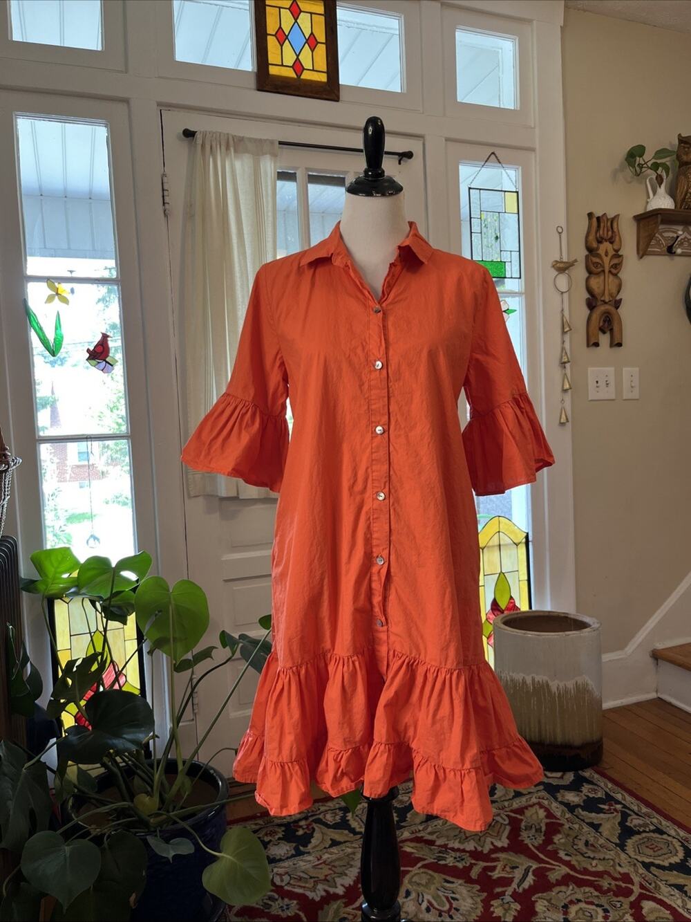Shannon Passero S Button Coral Shirt Dress Ruffle Sleeve Tiered Boho 100% Cotton
